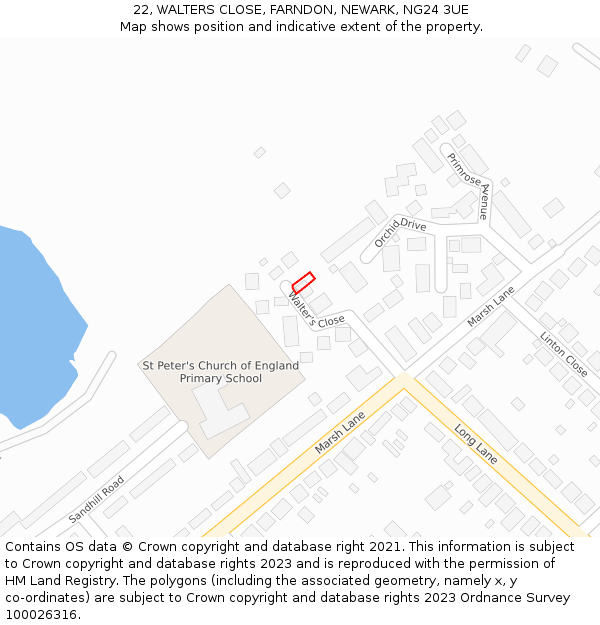 22, WALTERS CLOSE, FARNDON, NEWARK, NG24 3UE: Location map and indicative extent of plot