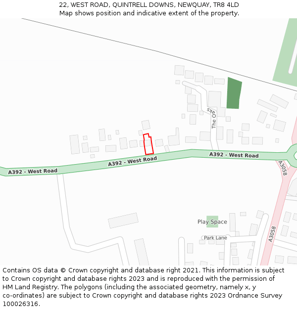 22, WEST ROAD, QUINTRELL DOWNS, NEWQUAY, TR8 4LD: Location map and indicative extent of plot