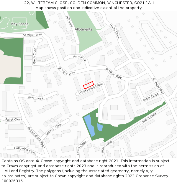 22, WHITEBEAM CLOSE, COLDEN COMMON, WINCHESTER, SO21 1AH: Location map and indicative extent of plot