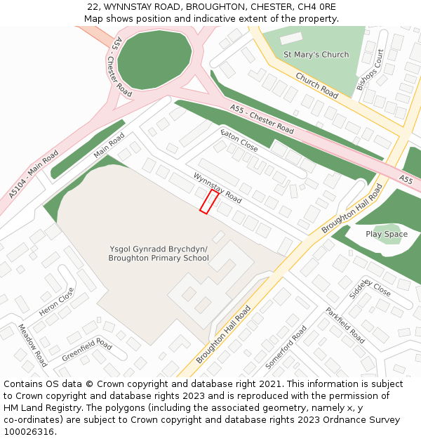 22, WYNNSTAY ROAD, BROUGHTON, CHESTER, CH4 0RE: Location map and indicative extent of plot