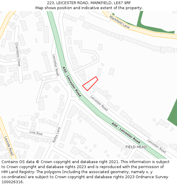 223, LEICESTER ROAD, MARKFIELD, LE67 9RF: Location map and indicative extent of plot