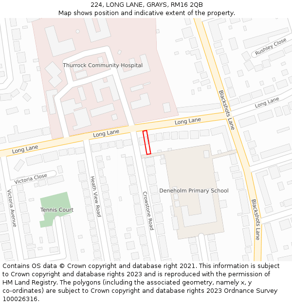 224, LONG LANE, GRAYS, RM16 2QB: Location map and indicative extent of plot