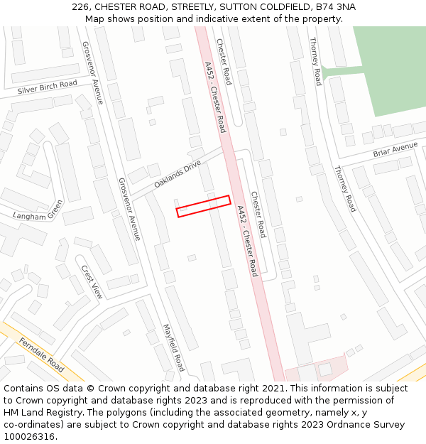 226, CHESTER ROAD, STREETLY, SUTTON COLDFIELD, B74 3NA: Location map and indicative extent of plot
