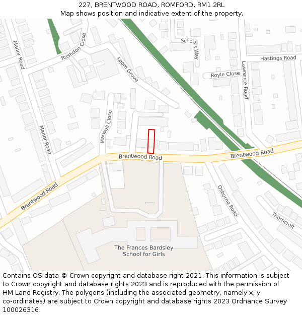 227, BRENTWOOD ROAD, ROMFORD, RM1 2RL: Location map and indicative extent of plot