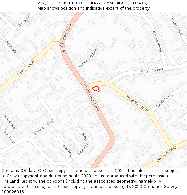 227, HIGH STREET, COTTENHAM, CAMBRIDGE, CB24 8QP: Location map and indicative extent of plot