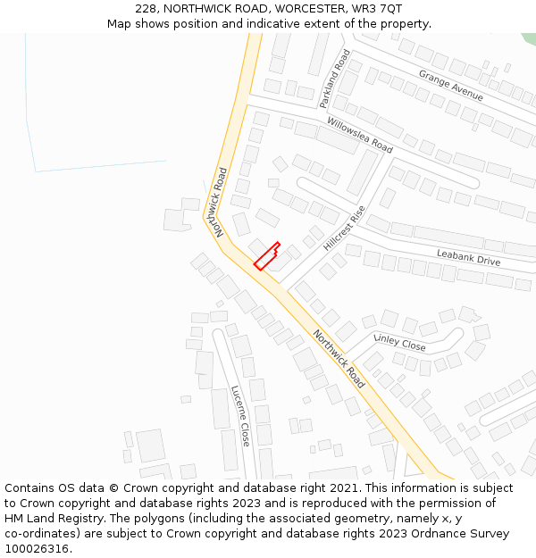 228, NORTHWICK ROAD, WORCESTER, WR3 7QT: Location map and indicative extent of plot