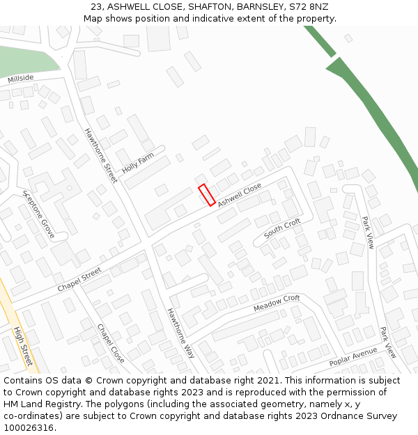 23, ASHWELL CLOSE, SHAFTON, BARNSLEY, S72 8NZ: Location map and indicative extent of plot