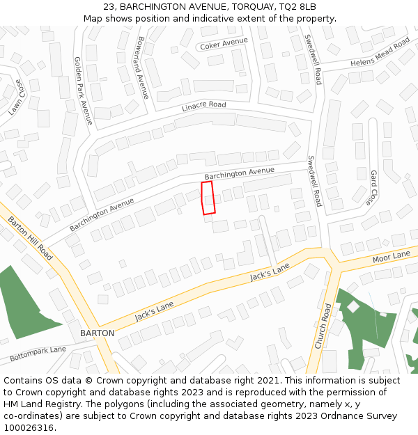 23, BARCHINGTON AVENUE, TORQUAY, TQ2 8LB: Location map and indicative extent of plot