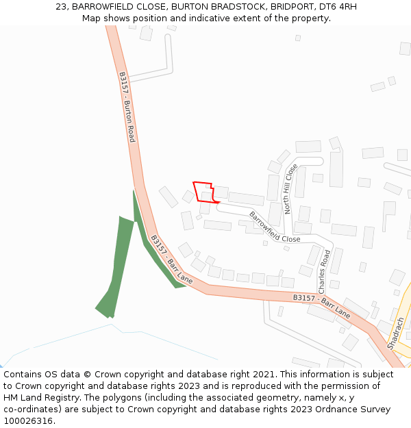 23, BARROWFIELD CLOSE, BURTON BRADSTOCK, BRIDPORT, DT6 4RH: Location map and indicative extent of plot