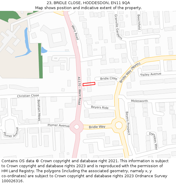 23, BRIDLE CLOSE, HODDESDON, EN11 9QA: Location map and indicative extent of plot