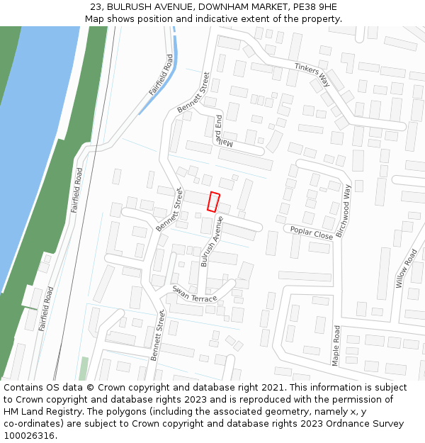 23, BULRUSH AVENUE, DOWNHAM MARKET, PE38 9HE: Location map and indicative extent of plot