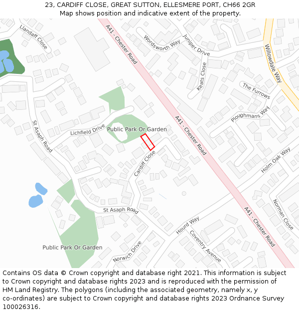 23, CARDIFF CLOSE, GREAT SUTTON, ELLESMERE PORT, CH66 2GR: Location map and indicative extent of plot