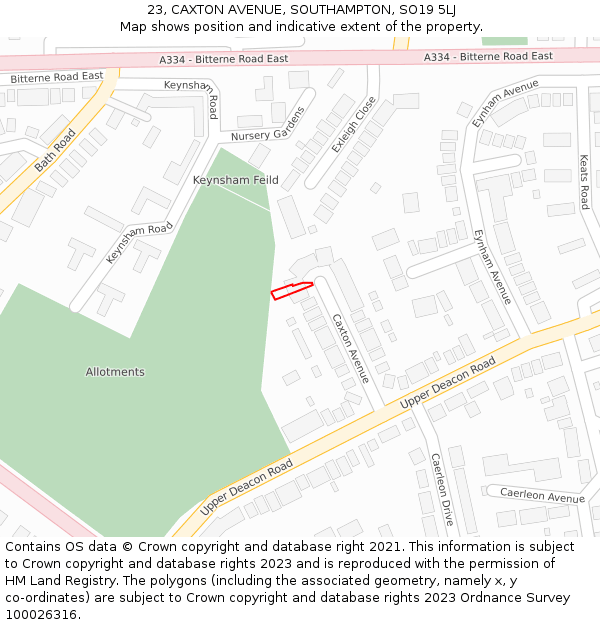 23, CAXTON AVENUE, SOUTHAMPTON, SO19 5LJ: Location map and indicative extent of plot