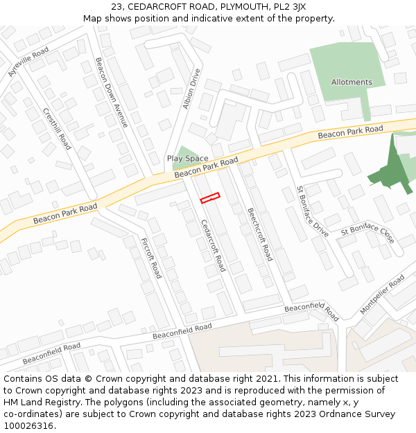 23, CEDARCROFT ROAD, PLYMOUTH, PL2 3JX: Location map and indicative extent of plot