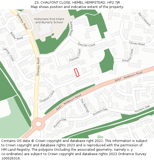 23, CHALFONT CLOSE, HEMEL HEMPSTEAD, HP2 7JR: Location map and indicative extent of plot