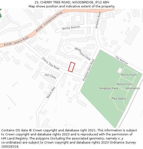 23, CHERRY TREE ROAD, WOODBRIDGE, IP12 4BN: Location map and indicative extent of plot