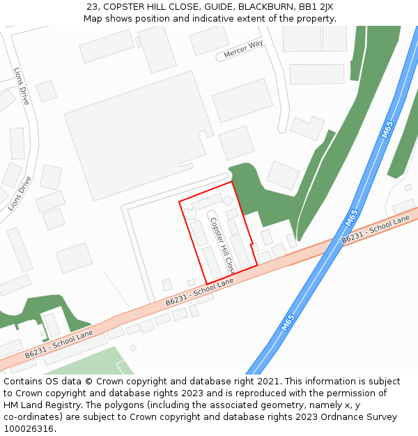 23, COPSTER HILL CLOSE, GUIDE, BLACKBURN, BB1 2JX: Location map and indicative extent of plot