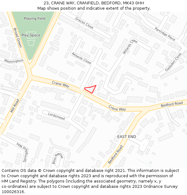 23, CRANE WAY, CRANFIELD, BEDFORD, MK43 0HH: Location map and indicative extent of plot