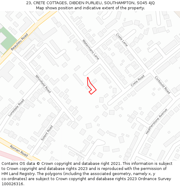 23, CRETE COTTAGES, DIBDEN PURLIEU, SOUTHAMPTON, SO45 4JQ: Location map and indicative extent of plot