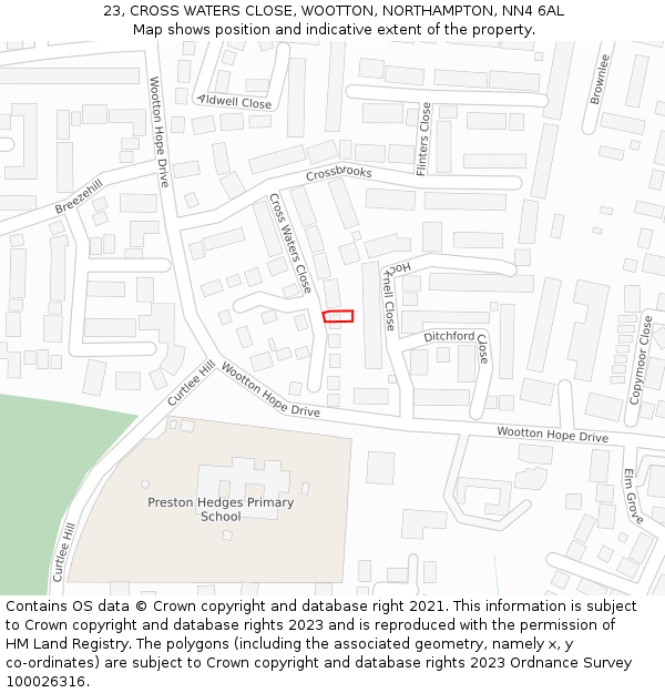 23, CROSS WATERS CLOSE, WOOTTON, NORTHAMPTON, NN4 6AL: Location map and indicative extent of plot