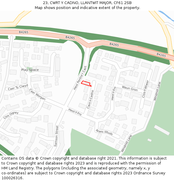 23, CWRT Y CADNO, LLANTWIT MAJOR, CF61 2SB: Location map and indicative extent of plot