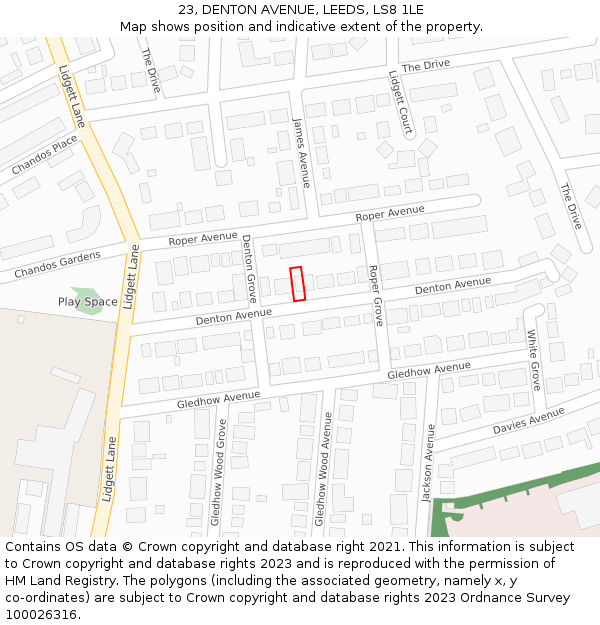 23, DENTON AVENUE, LEEDS, LS8 1LE: Location map and indicative extent of plot