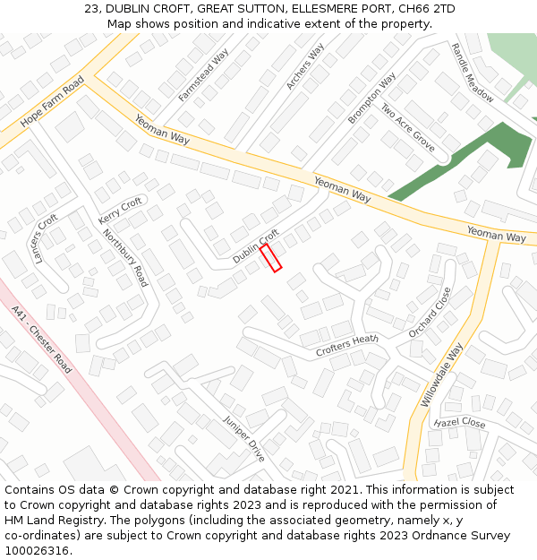 23, DUBLIN CROFT, GREAT SUTTON, ELLESMERE PORT, CH66 2TD: Location map and indicative extent of plot