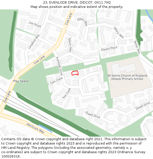 23, EVENLODE DRIVE, DIDCOT, OX11 7XQ: Location map and indicative extent of plot