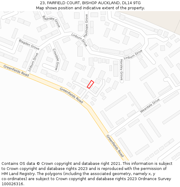 23, FAIRFIELD COURT, BISHOP AUCKLAND, DL14 9TG: Location map and indicative extent of plot