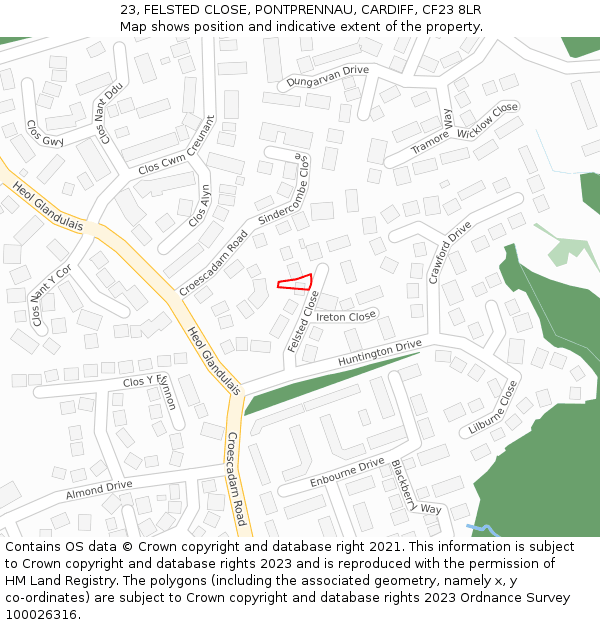 23, FELSTED CLOSE, PONTPRENNAU, CARDIFF, CF23 8LR: Location map and indicative extent of plot