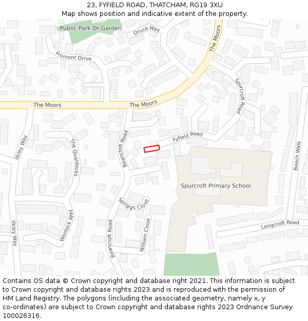 23, FYFIELD ROAD, THATCHAM, RG19 3XU: Location map and indicative extent of plot