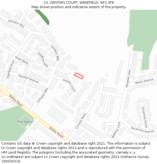 23, GENTIAN COURT, WAKEFIELD, WF2 0FE: Location map and indicative extent of plot