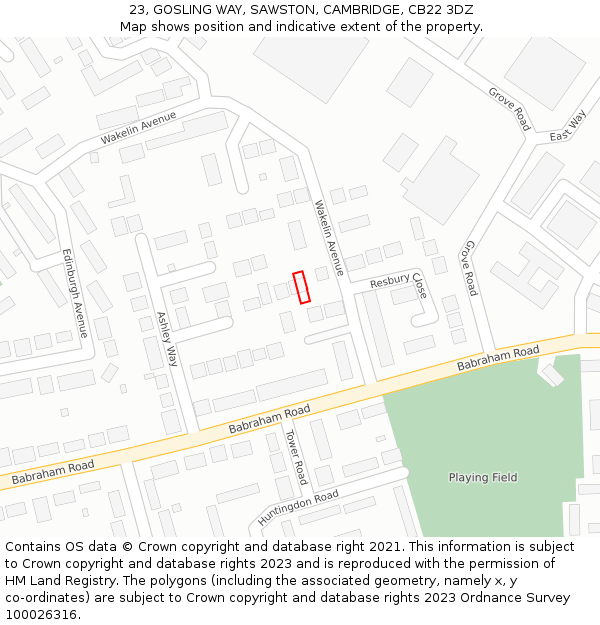 23, GOSLING WAY, SAWSTON, CAMBRIDGE, CB22 3DZ: Location map and indicative extent of plot