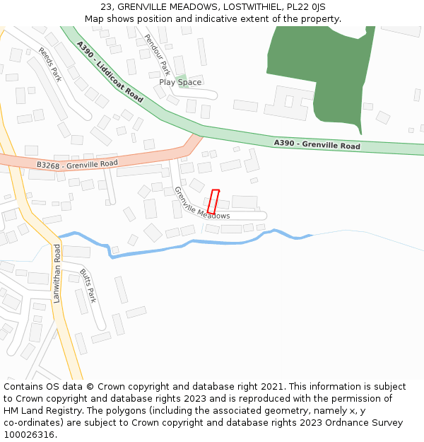 23, GRENVILLE MEADOWS, LOSTWITHIEL, PL22 0JS: Location map and indicative extent of plot