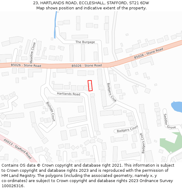 23, HARTLANDS ROAD, ECCLESHALL, STAFFORD, ST21 6DW: Location map and indicative extent of plot