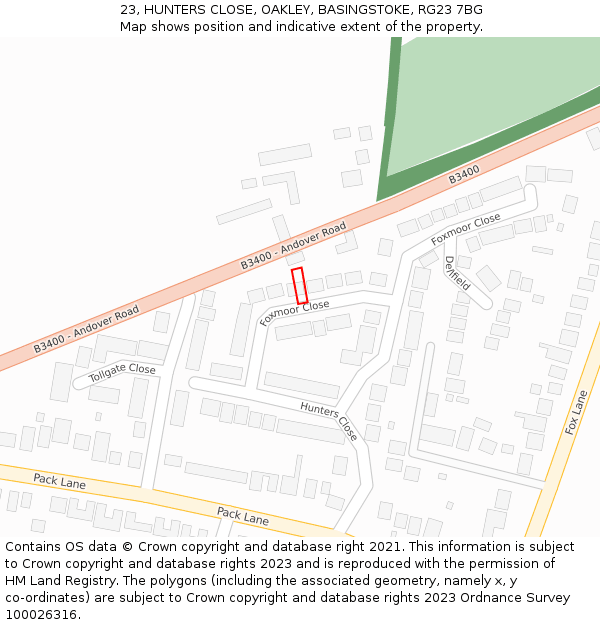 23, HUNTERS CLOSE, OAKLEY, BASINGSTOKE, RG23 7BG: Location map and indicative extent of plot