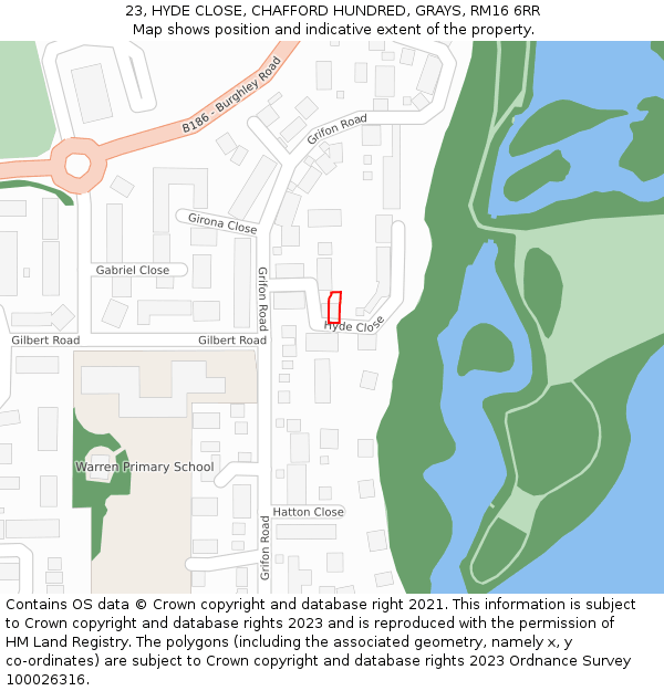 23, HYDE CLOSE, CHAFFORD HUNDRED, GRAYS, RM16 6RR: Location map and indicative extent of plot