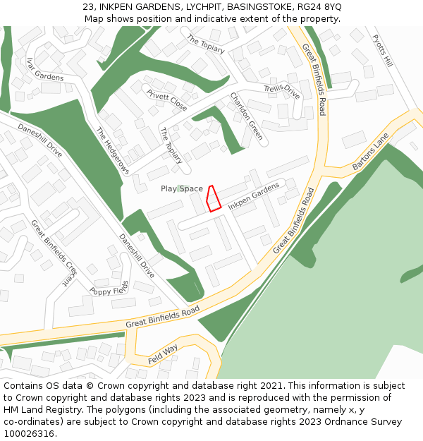 23, INKPEN GARDENS, LYCHPIT, BASINGSTOKE, RG24 8YQ: Location map and indicative extent of plot