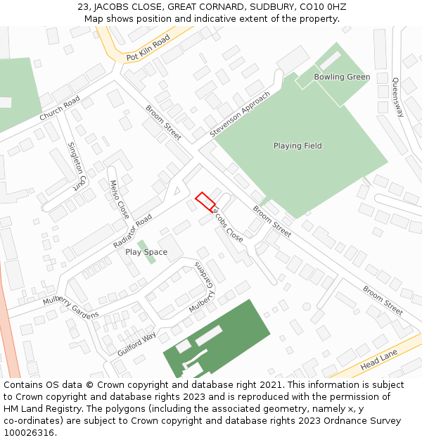 23, JACOBS CLOSE, GREAT CORNARD, SUDBURY, CO10 0HZ: Location map and indicative extent of plot