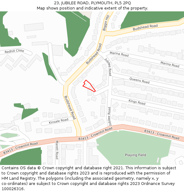 23, JUBILEE ROAD, PLYMOUTH, PL5 2PQ: Location map and indicative extent of plot