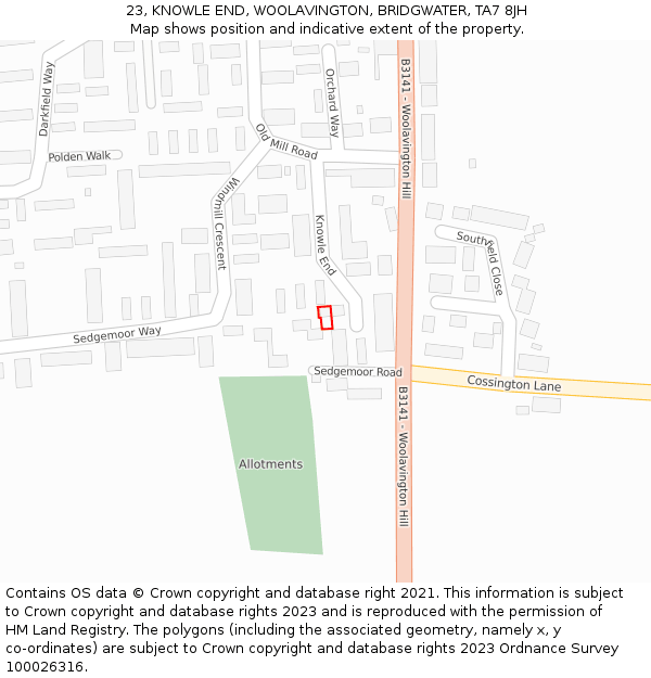 23, KNOWLE END, WOOLAVINGTON, BRIDGWATER, TA7 8JH: Location map and indicative extent of plot