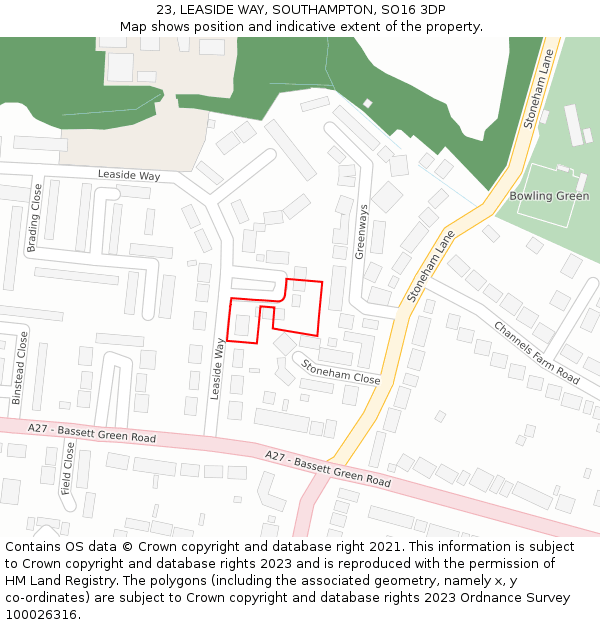 23, LEASIDE WAY, SOUTHAMPTON, SO16 3DP: Location map and indicative extent of plot