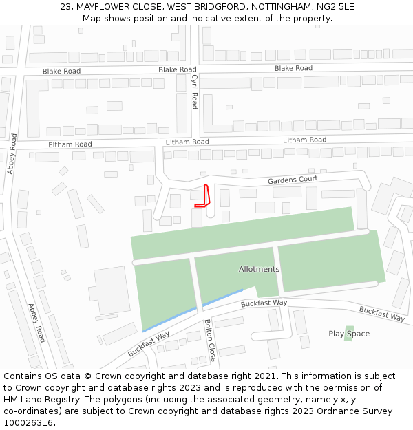 23, MAYFLOWER CLOSE, WEST BRIDGFORD, NOTTINGHAM, NG2 5LE: Location map and indicative extent of plot