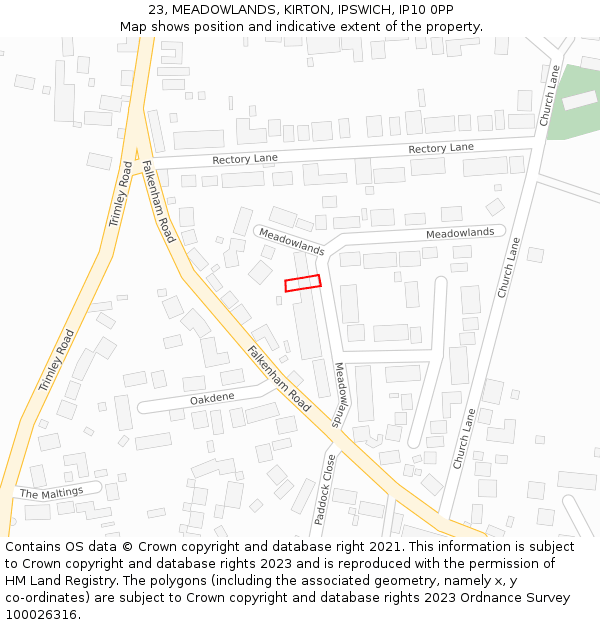 23, MEADOWLANDS, KIRTON, IPSWICH, IP10 0PP: Location map and indicative extent of plot