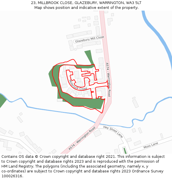 23, MILLBROOK CLOSE, GLAZEBURY, WARRINGTON, WA3 5LT: Location map and indicative extent of plot