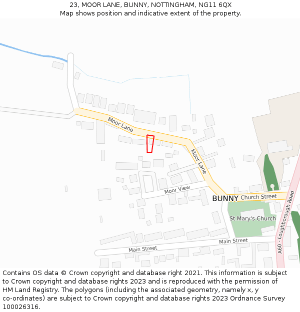 23, MOOR LANE, BUNNY, NOTTINGHAM, NG11 6QX: Location map and indicative extent of plot