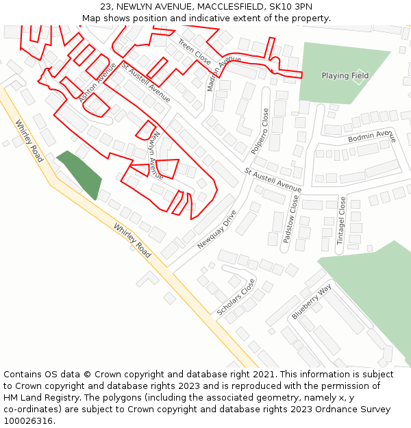 23, NEWLYN AVENUE, MACCLESFIELD, SK10 3PN: Location map and indicative extent of plot
