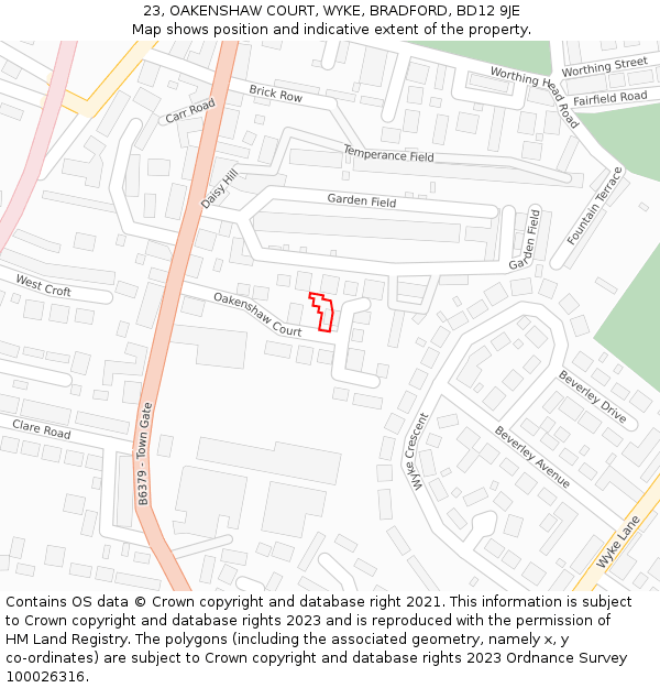 23, OAKENSHAW COURT, WYKE, BRADFORD, BD12 9JE: Location map and indicative extent of plot