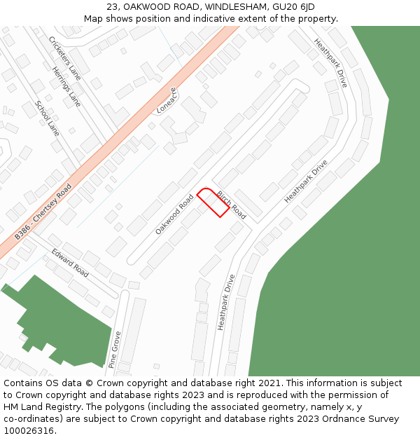 23, OAKWOOD ROAD, WINDLESHAM, GU20 6JD: Location map and indicative extent of plot