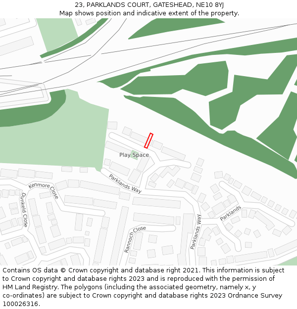 23, PARKLANDS COURT, GATESHEAD, NE10 8YJ: Location map and indicative extent of plot